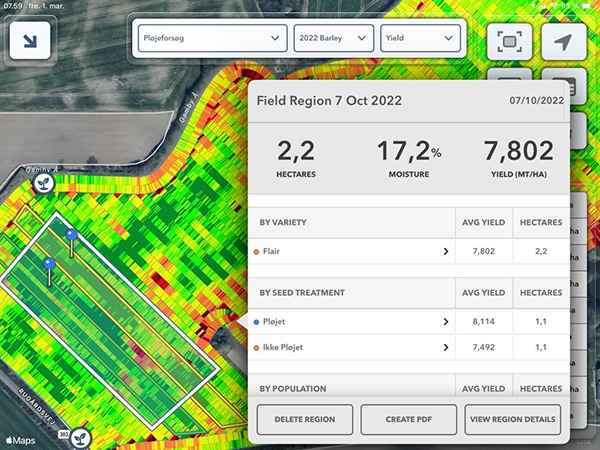 Print screen fra FieldView med resultat fra det første år